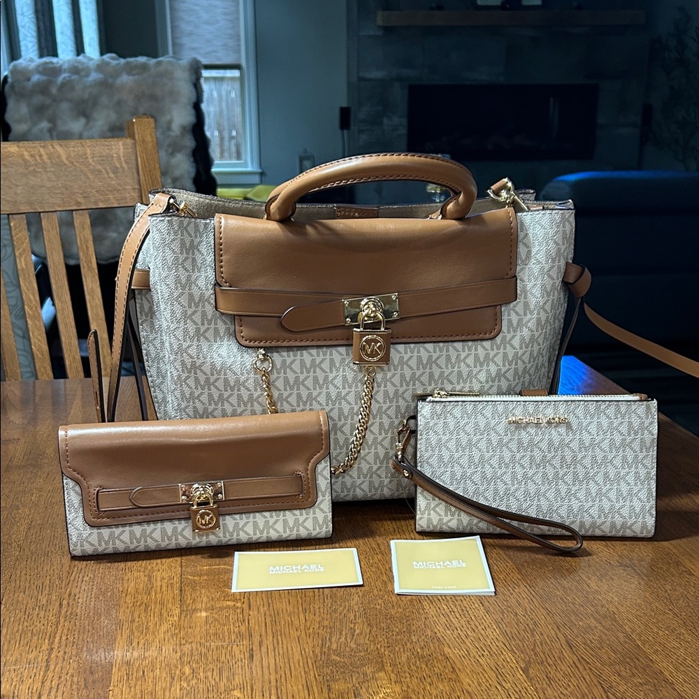 Michael Kors Tan and Cream Hamilton Legacy Satchel with 2 matching wallets